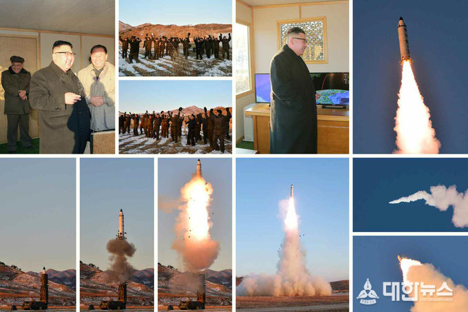 북한이 2월 13일 중장거리 전략탄도탄 '북극성 2형'의 시험발사가 성공했다고 주장했다. 사진 위는 북극성 2형 발사 모습이고, 아래는 지난해 8월 수중발사한 북극성의 발사모습.